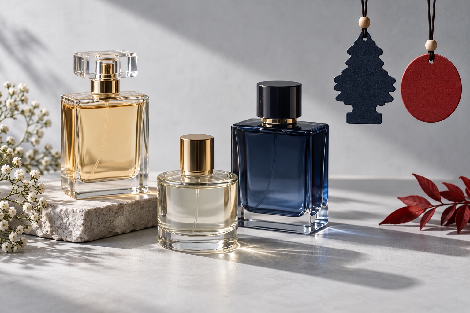 Illustrative perfume bottles and hanging air fresheners