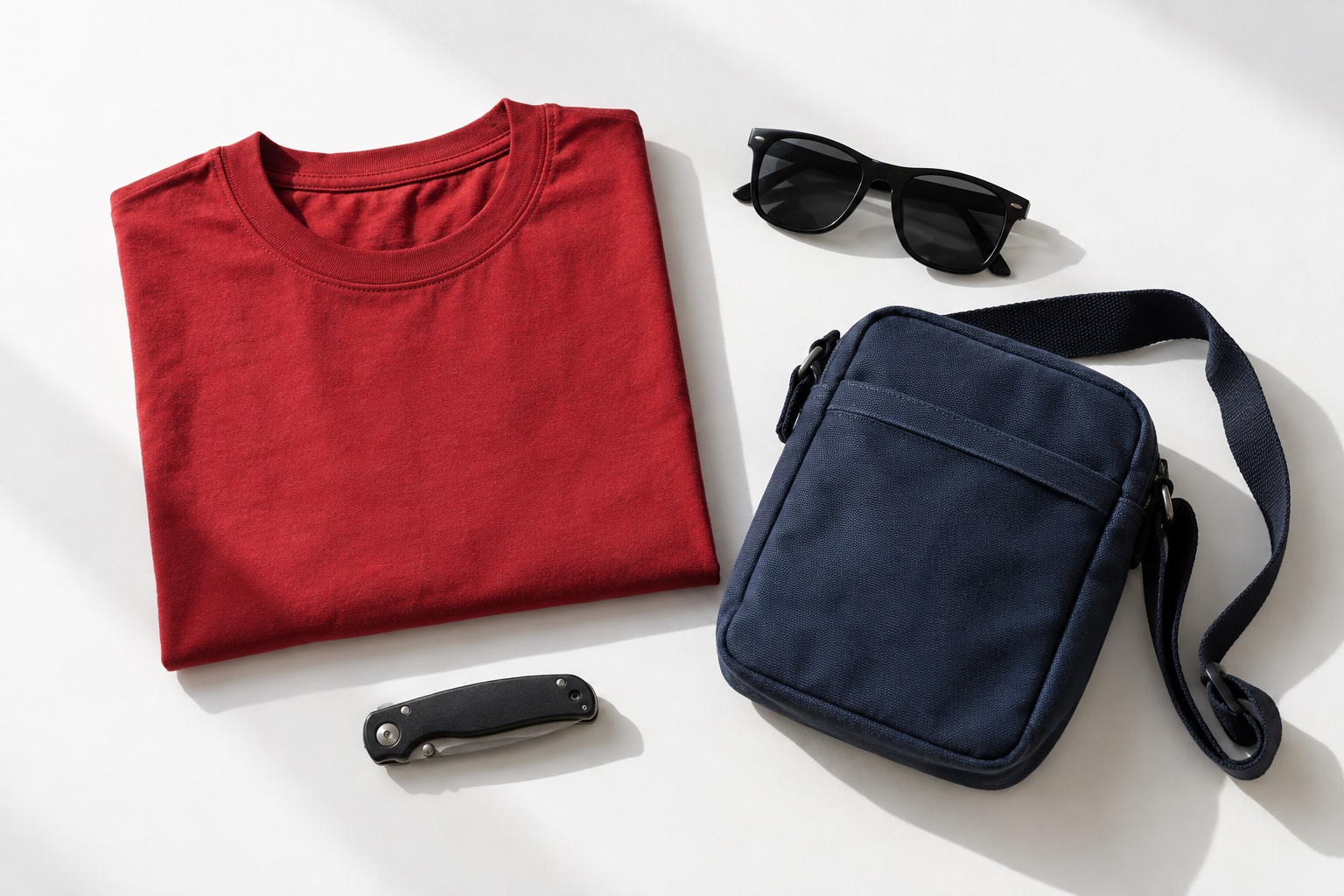 Illustrative novelty items: a red T-shirt, sunglasses, a navy bag, and a closed pocketknife