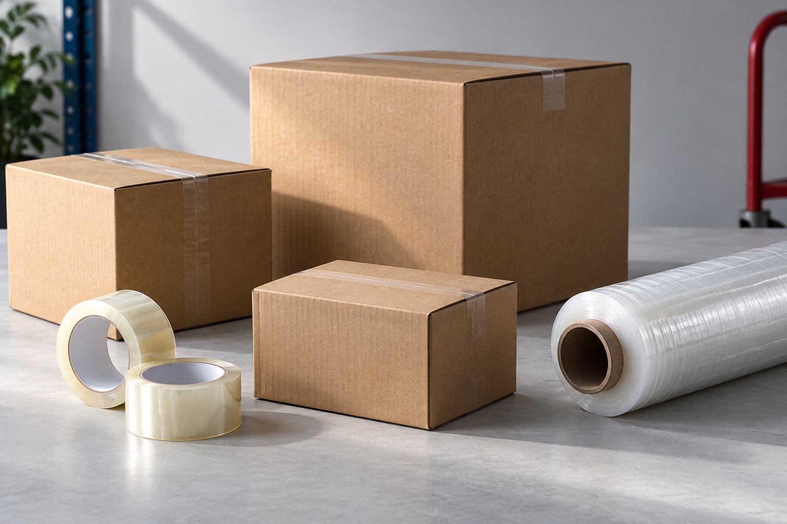 Illustrative cartons, packing tape, and pallet stretch wrap