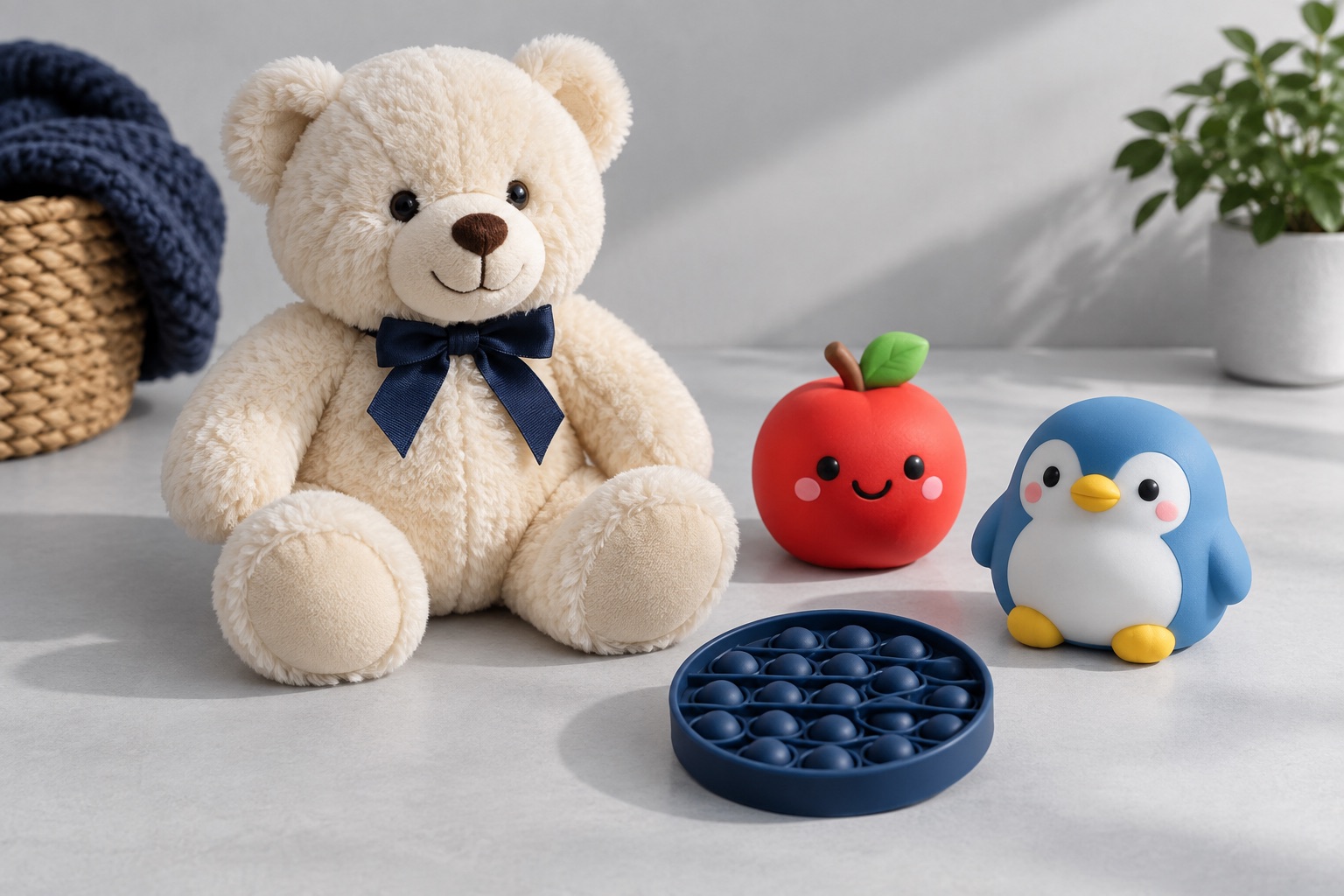 Illustrative plush bear, squishy toys, and a fidget toy