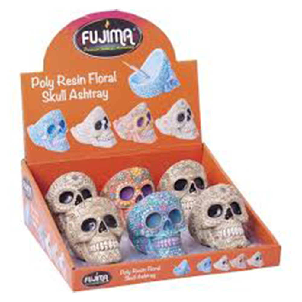 FUJIMA POLYSTONE RESIN FLORAL SKULL ASHTRAY 6CT