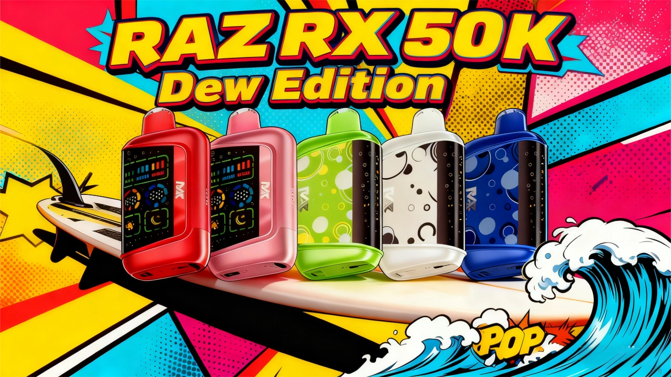 Colorful display of Raz RX 50K Dew Edition vape devices with a vibrant background.